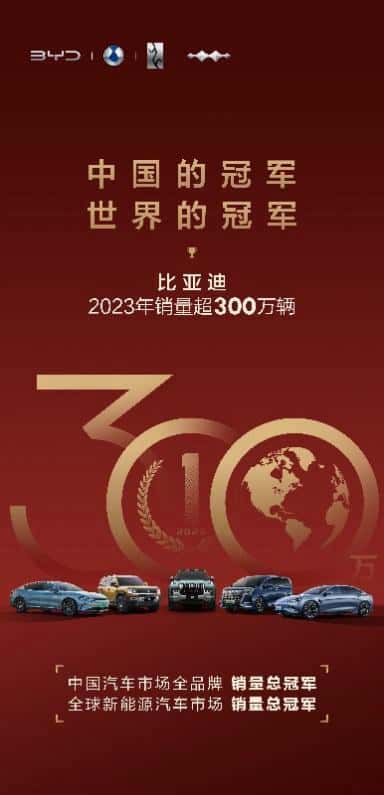 双料冠军！比亚迪年销破300万破中国市场销售记录