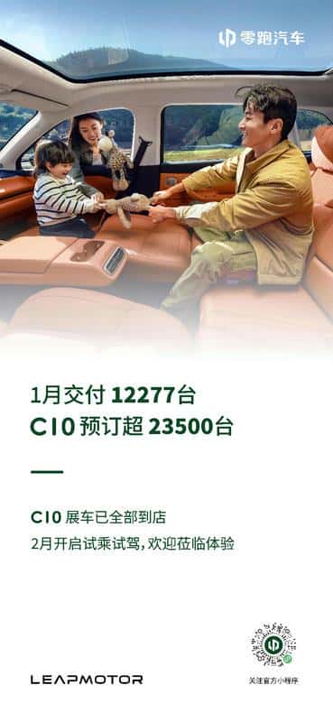 零跑1月交付12277台，C10预订超23500台，2月开启门店试乘试驾